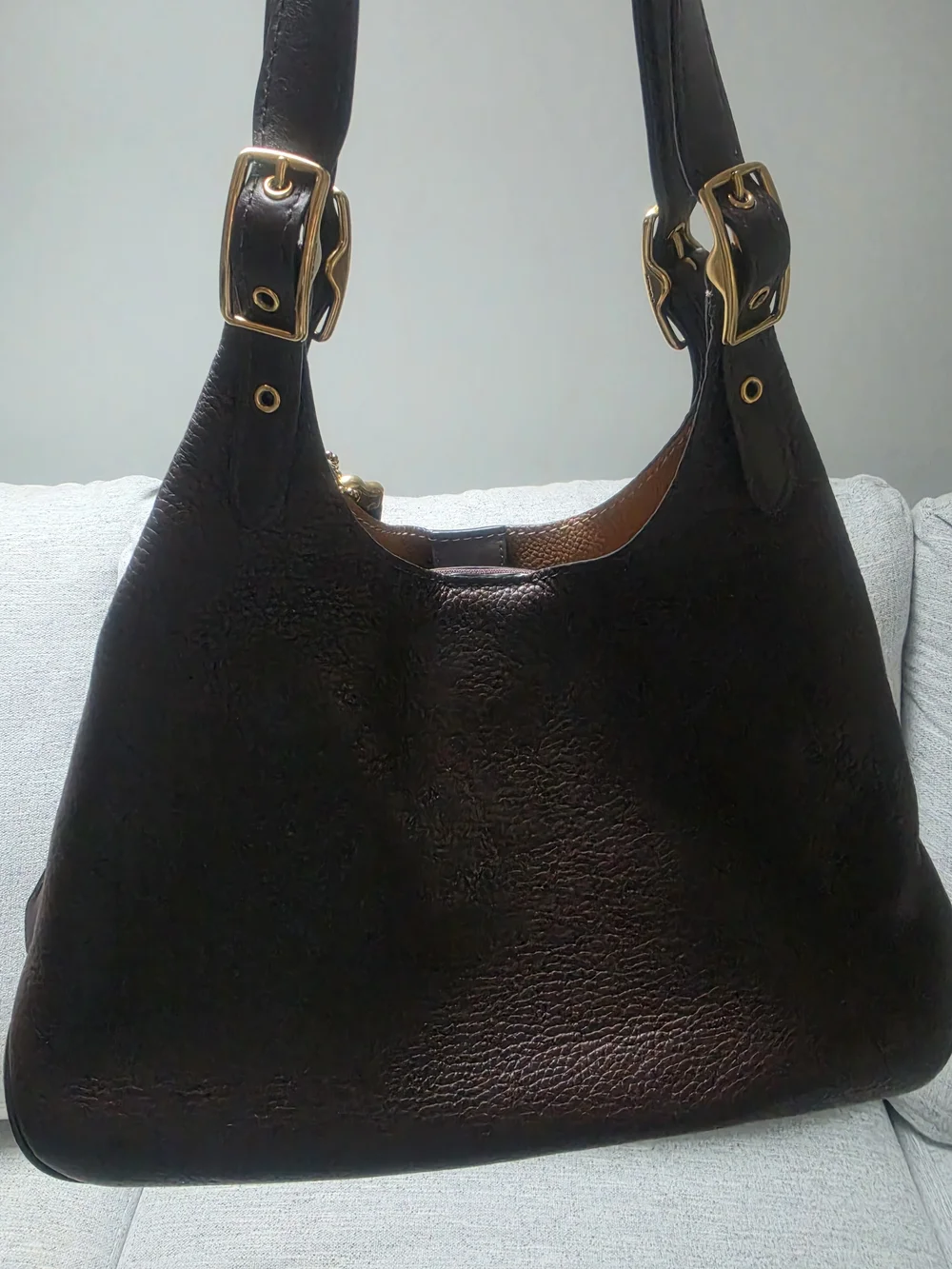 Coach Dark Brown Pebbled Leather Hobo with Gold Hardware